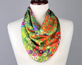 Pre-Tied Silky Scarf: Klimt Flower Farm Art, Magnetic Closure