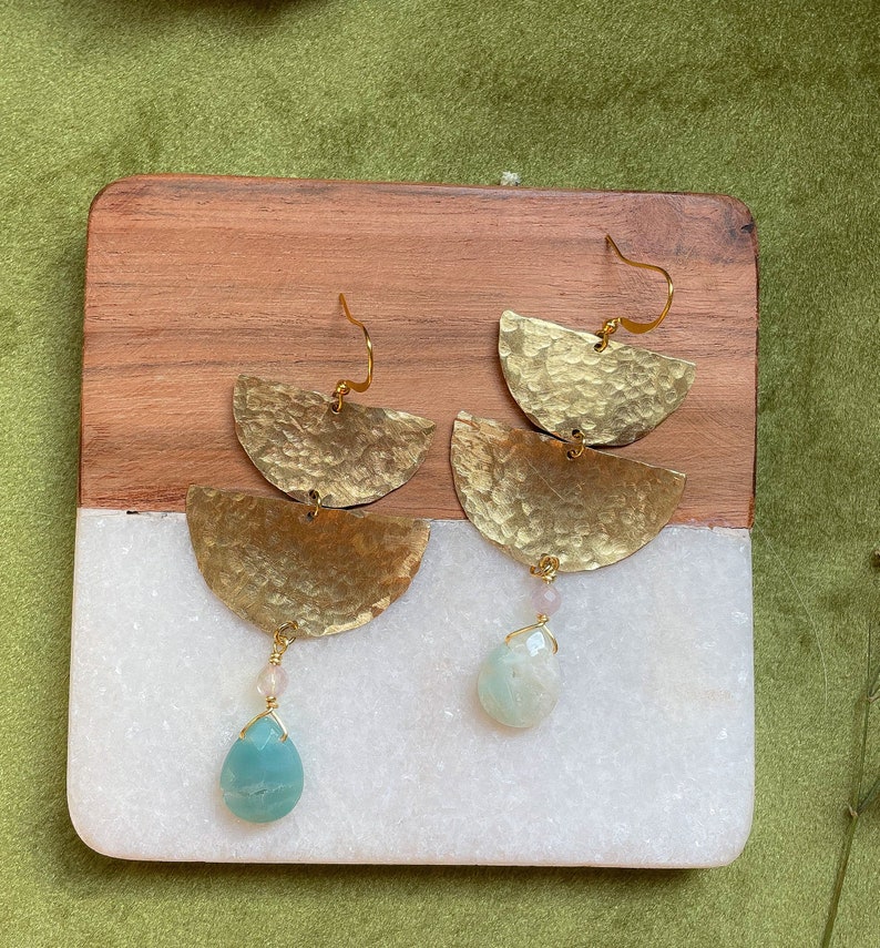 Flourite Amazonite Stones Handmade Earrings Lightweight OOAK Hypoallergenic Hammered Brass Gemstone Dangle Earrings Celestial Jewelry