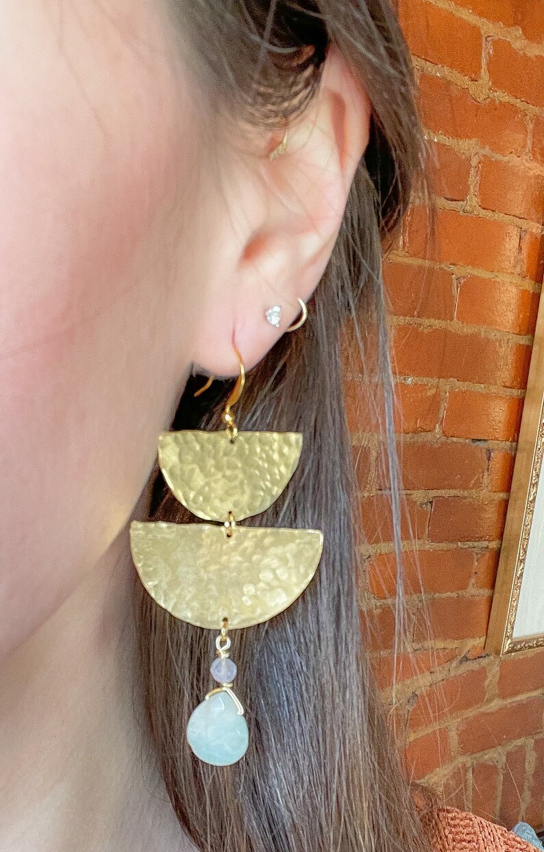 Flourite Amazonite Stones Handmade Earrings Lightweight OOAK Hypoallergenic Hammered Brass Gemstone Dangle Earrings Celestial Jewelry