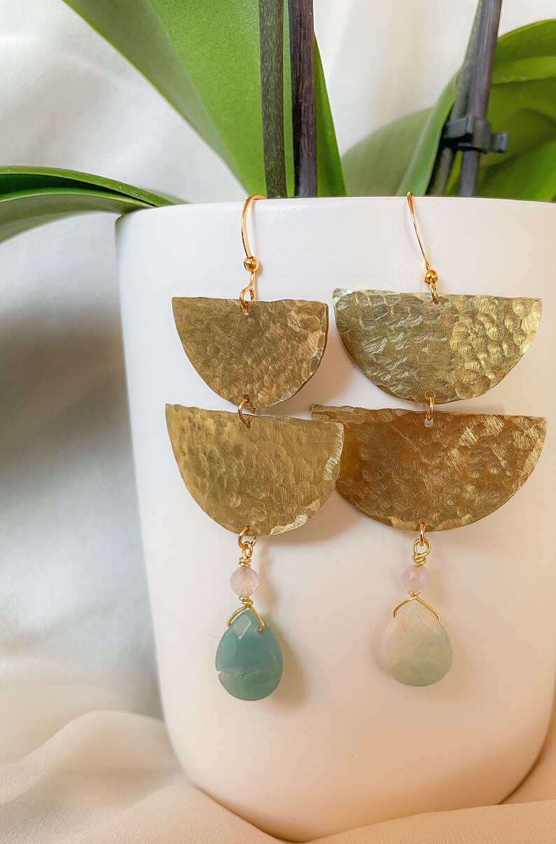 Flourite Amazonite Stones Handmade Earrings Lightweight OOAK Hypoallergenic Hammered Brass Gemstone Dangle Earrings Celestial Jewelry