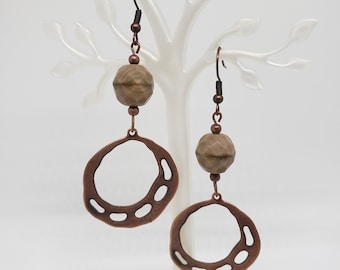 Geometric Laser Cut Copper Hoop Earrings with Faceted Bead Accents