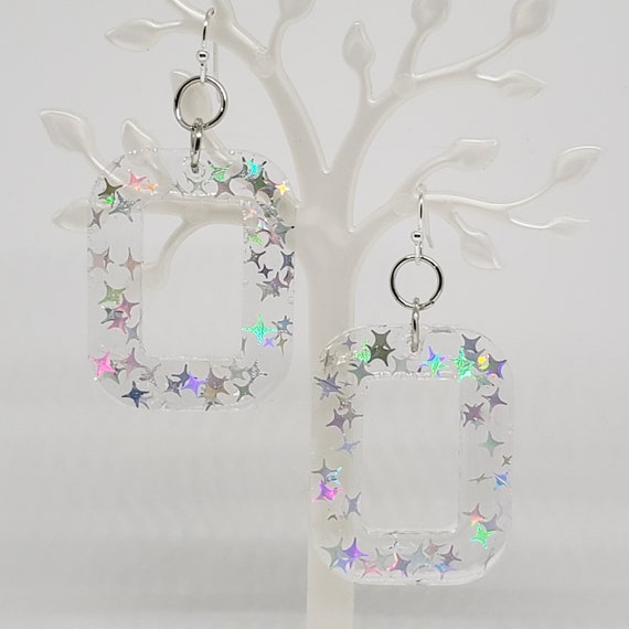 Clear Resin Earring With Holographic Star Burst Glitter Accents Etsy