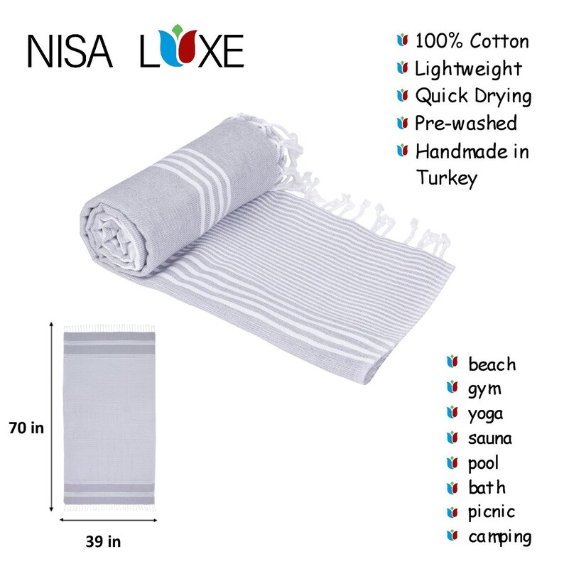 May include: Gray and white striped Turkish towel, 70 inches long and 39 inches wide. Made of 100% cotton, lightweight, quick drying, pre-washed, and handmade in Turkey.