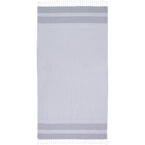 May include: A gray and white striped beach towel with fringe on the ends.