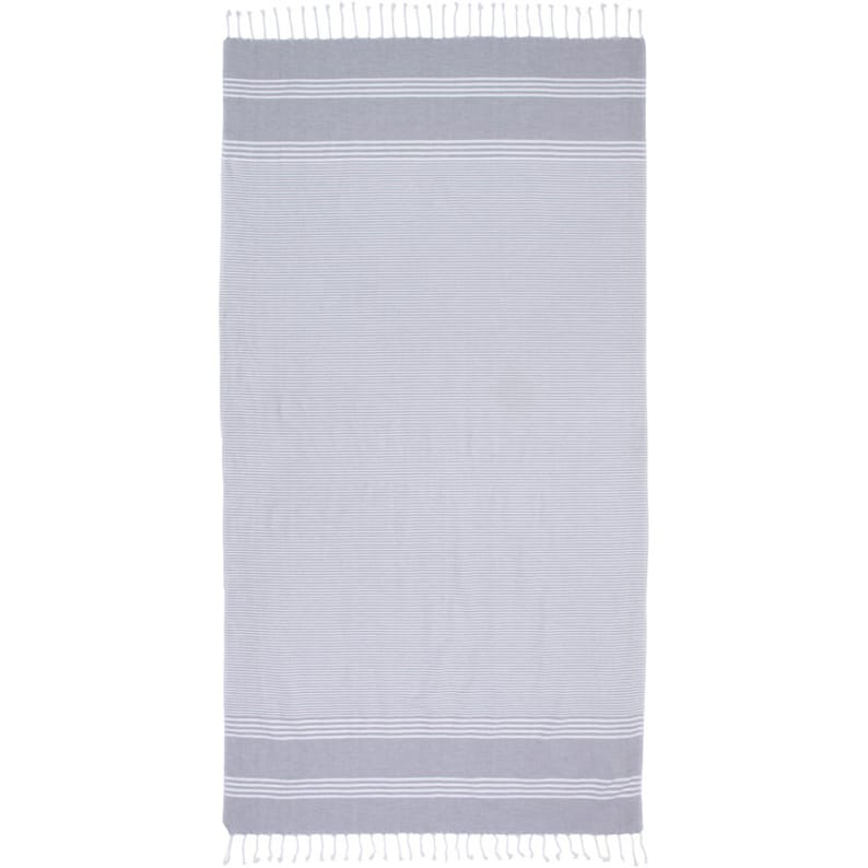 May include: A gray and white striped beach towel with fringe on the ends.