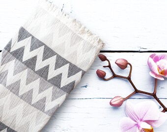 100% Cotton Aztec Pattern, Turkish Peshtemal Double face Bath Towel, Ultra Soft Beach Towel, 70" x 35" Zigzag Gray