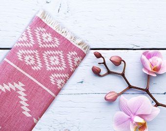 100% Cotton Aztec Pattern, Turkish Peshtemal Double face Bath Towel, Ultra Soft Beach Towel, 70" x 35" AZTEC RED