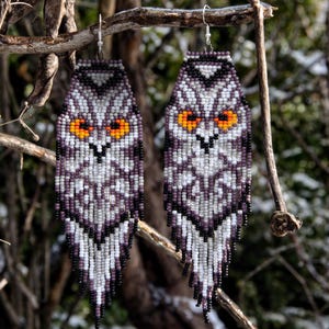 May include: Beaded owl earrings with orange eyes, white, grey, and purple feathers. The earrings are suspended from a branch. The text "Dragonfly Earrings" and "Art for your Ears" is visible.
