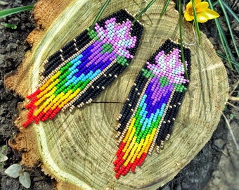 Seven chakras with lotus beaded earrings Seed bead Beadwork Fringe Long Aesthetic Rainbow Slow fashion Fairy core Witchy things