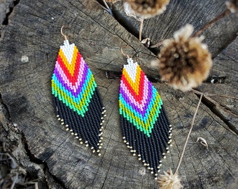 Retro rainbow earrings Beaded earrings Statement Fringe Shoulder dusters Hippie stuff Unique Jewelry Modern Trendy Best Gift