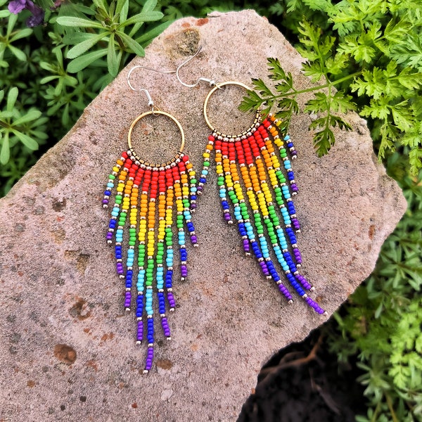 Small rainbow beaded earrings Fringe Hippie stuff Gift for her Trendy Modern Dangle Slow fashion Cool Colorful Rave Festive Long Nice