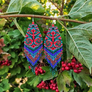 Viburnum long beaded earrings Seed bead Beadwork Fringe Glass Beads Ethnic Slow fashion Colorful Unique JewelryFairy core Witchy things