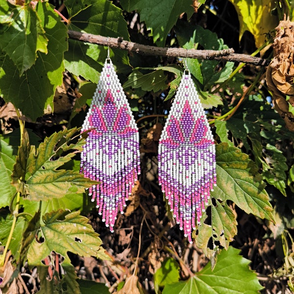 Pink and purple lotus flower on white beaded earrings Aesthetic Fringe Bohemian Artisan Unique jewelry Exclusive Slow fashion Colorful