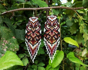 Brown owl beaded earrings Seed bead Beadwork Fringe Glass Beads Aesthetic Amulet Green Witch Ethnic Slow fashion Fairy core Witchy things