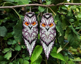 Night owl beaded earrings Seed bead Beadwork Fringe Seed bead Beadwork Fringe Glass Beads Aesthetic Slow fashion Fairy core Witchy things