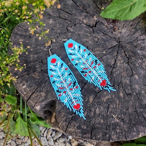 Sky blue beaded earrings inspired by Ukrainian native embroidery Seed bead Ethnic Fringe Glass Beads Aesthetic Free Soul Slow fashion