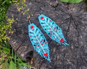 Sky blue beaded earrings inspired by Ukrainian native embroidery Seed bead Ethnic Fringe Glass Beads Aesthetic Free Soul Slow fashion