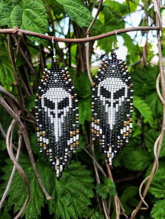 Raven Skull Beaded Earrings With Gold Seed Bead Beadwork Fringe