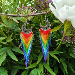 Long rainbow fringe beaded earrings
