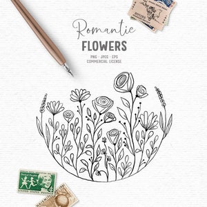 Digital hand drawn floral digital stamp clipart in black and white. Rustic flower clipart for cardmaking. Whimsical wildflowers clipart