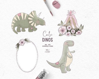 Digital hand drawn dinosaur clipart clipart in green and pink