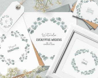 Digital hand drawn Eucalyptus wreath clipart. Romantic greenery clipart for cardmaking. Dreamy Eucalyptus clipart. Watercolor clipart.