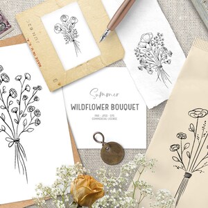 Digital hand drawn wildflower clipart bouquet. Digital stamps in black and white. Rustic flower clipart for cards. Whimsical floral clipart