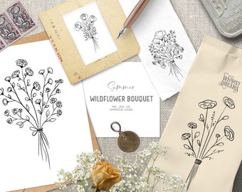 Digital hand drawn wildflower clipart bouquet. Digital stamps in black and white. Rustic flower clipart for cards. Whimsical floral clipart
