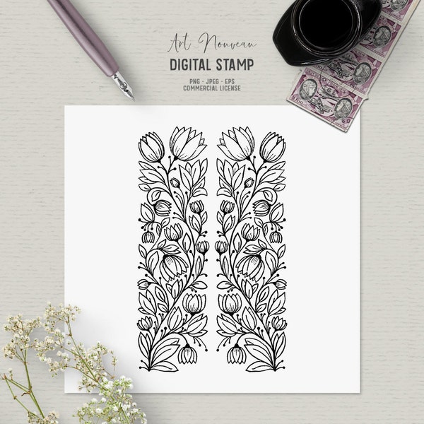 Digital hand drawn vintage digi stamp with flowers. Beautiful black and white clipart. Art Deco clipart for cardmaking. Flower clipart image