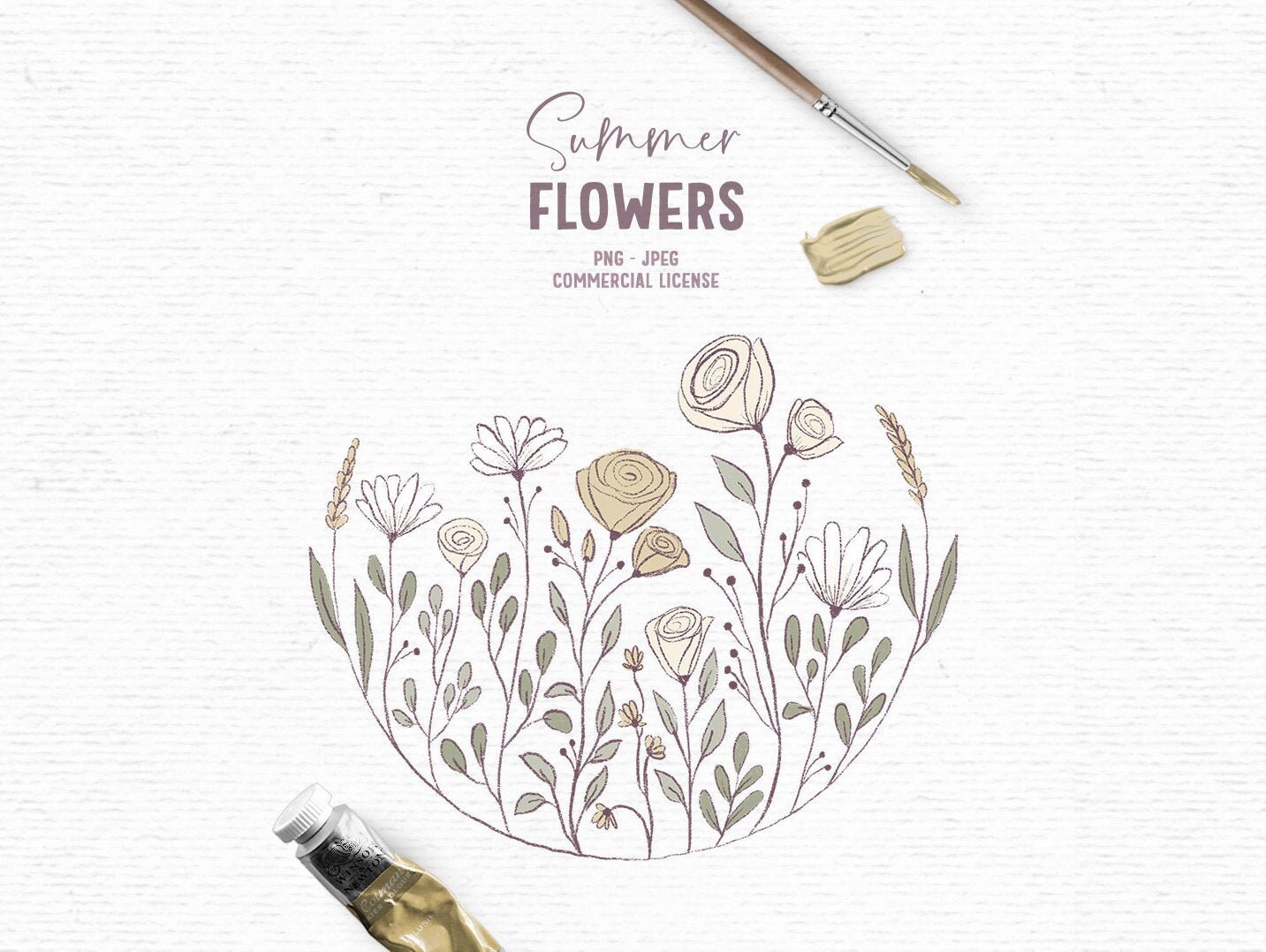 Digital hand drawn flower summer clipart in yellow