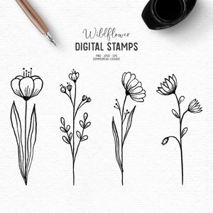 Digital hand drawn floral digital stamp clipart in black and white. Rustic flower clipart for cardmaking. Whimsical wildflowers clipart