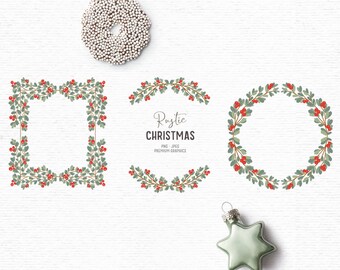 Digital hand drawn vintage Christmas clipart. Traditional Christmas wreath clipart for labels and crafts. Rustic winter clipart with holly