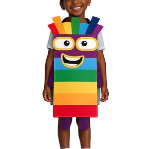 May include: A colorful costume featuring a rectangular block design with horizontal stripes in purple, blue, green, yellow, orange, and red. The block has a smiling face with large white eyes and a black mouth. A purple headband displays the number 7.
