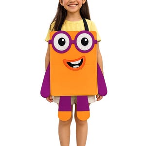 May include: A costume featuring a rectangular orange block character with large white eyes, purple glasses, and a smiling mouth. The costume includes purple arms and legs with orange feet, plus a black headband with an orange square displaying the number 2.