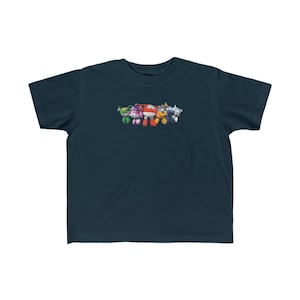 May include: Navy blue t-shirt featuring a colorful graphic of cartoon characters. The design includes characters in various colors, including red, yellow, blue, and green. The shirt is made of a soft, comfortable material, suitable for children's wear.