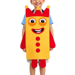 May include: A yellow rectangular costume featuring a red crown top, red arms, and red legs. The front displays two large eyes, a wide smiling mouth, and three red circular buttons. A black headband with a yellow square and the white number 3 is included.