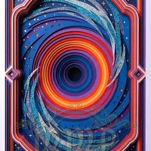 Può includere: Un'opera d'arte in carta a strati con un vortice di colori. L'opera utilizza cerchi concentrici di arancione, rosso, viola e blu per creare profondità. Accenti scintillanti e dettagli di stelle aggiungono al tema celeste.