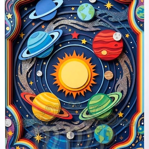 May include: A layered paper art piece depicting a colorful solar system. The artwork features planets with rings, stars, and a central sun, all set against a dark blue background with glitter accents. The design includes a rainbow border.