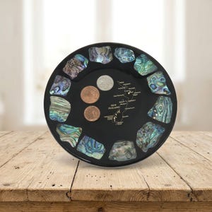 New Zealand Paua Abalone Shell Coin & Map on Black Lucite Round Plate 5.5"