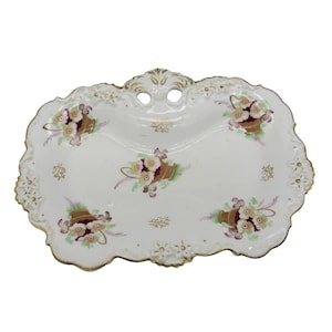 BANDEJA decorativa de porcelana con base vintage, diseño de cesta floral y borde dorado de 11 pulgadas