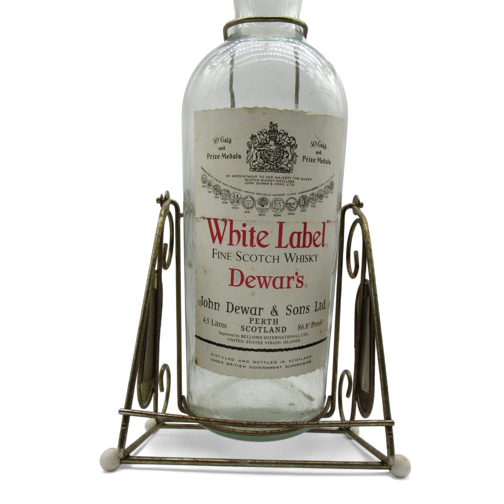 Large Dewars Glass Bottle in Metal Stand Scotland Vintage 21.5