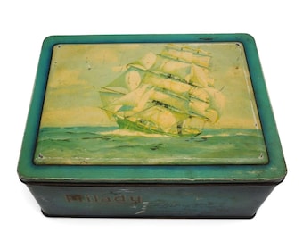 Vintage Milady Toffee Tin Nautical Ship Hinged Metal Box England Decor
