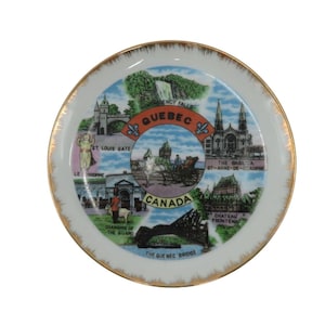 QUEBEC Canada Souvenir Plate Gold Rim and Scenic Landmarks Design Vintage