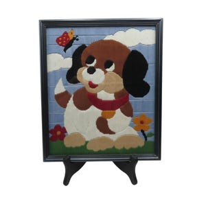 Puppy DOG NEEDLEPOINT Framed Wall Art In Black Wood Frame 10.7 x 9.5 in