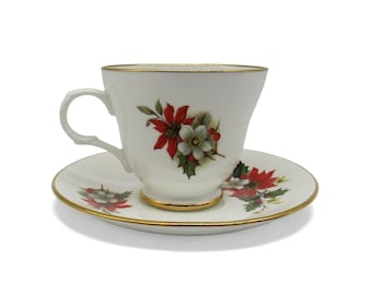 Stary spodek do filiżanki z porcelany kostnej Sadler Wellington, świąteczna poinsecja