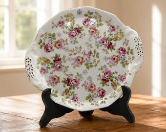 Royal Stafford taartbord twee handvatten roze roségouden afwerking Engeland vintage 8"