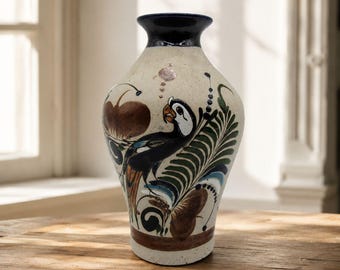Mexican Folk Art Ceramic Vase Vintage Tonala Signed Mateos Hand Painted Bird 6.5"