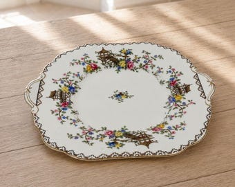 Aynsley Pagoda taartschaal vintage Engeland bloemen handvat 10"