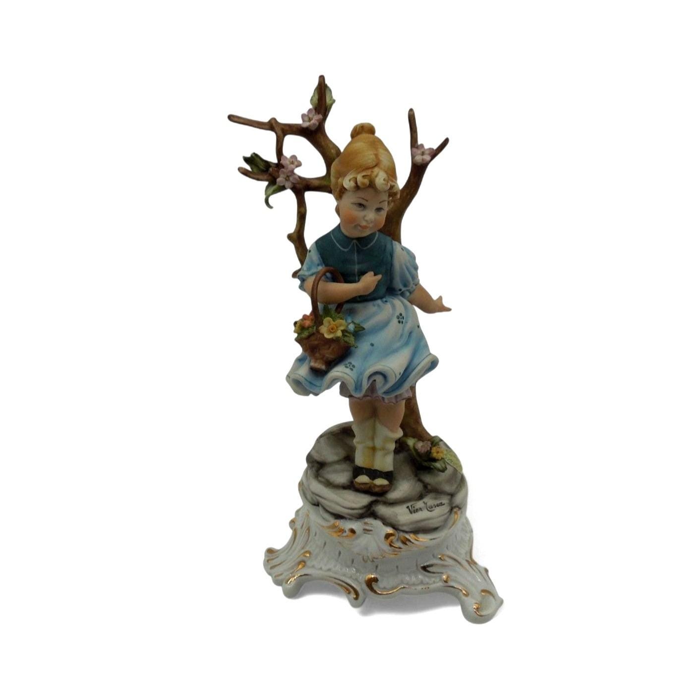 VIERTASCA Capodimonte Girl Figurine and Tree Floral Decor Italy