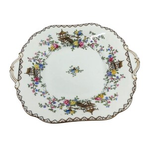 AYNSLEY Square Handle Floral and PAGODA England Cake Plate Vintage 10&quot;